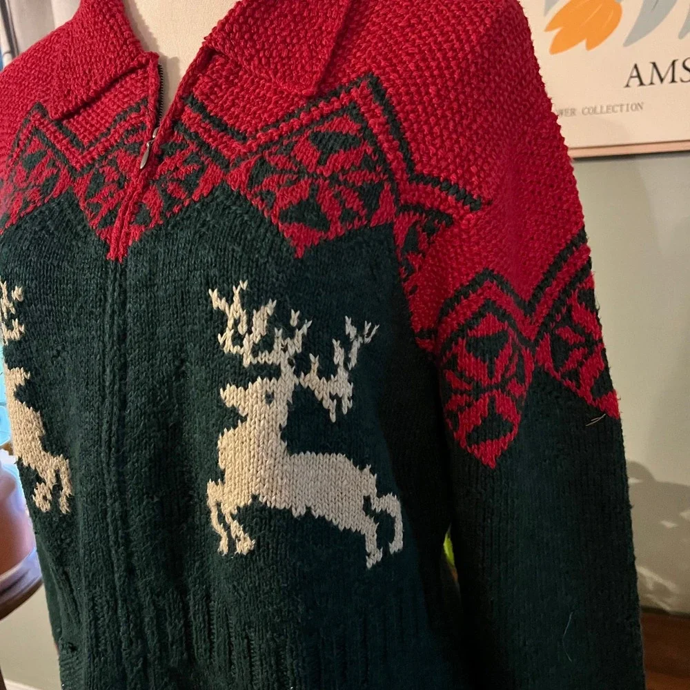 Lauren Ralph Lauren Hand Knit Reindeer Fair Isle Sweater Zip Cardigan Large - Picture 3 of 8